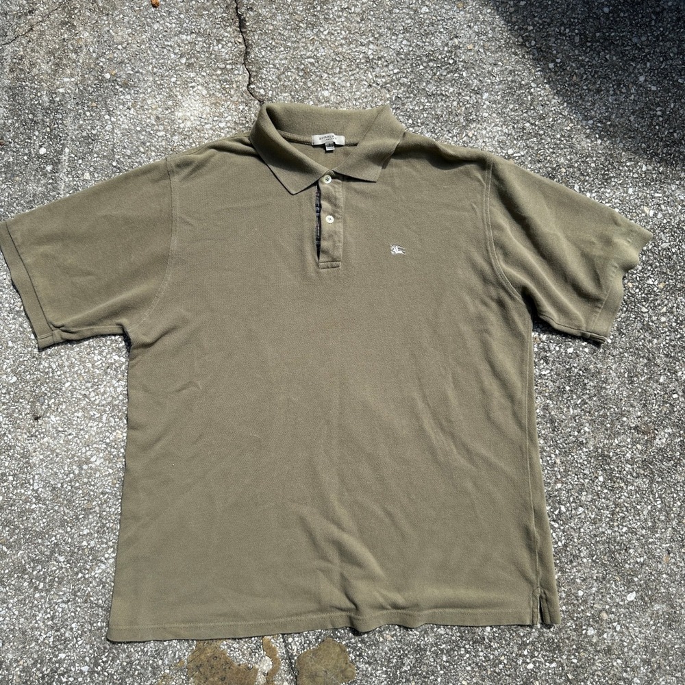 Burberry London Mens Polo Shirt Olive Green House Check Placket Logo Large